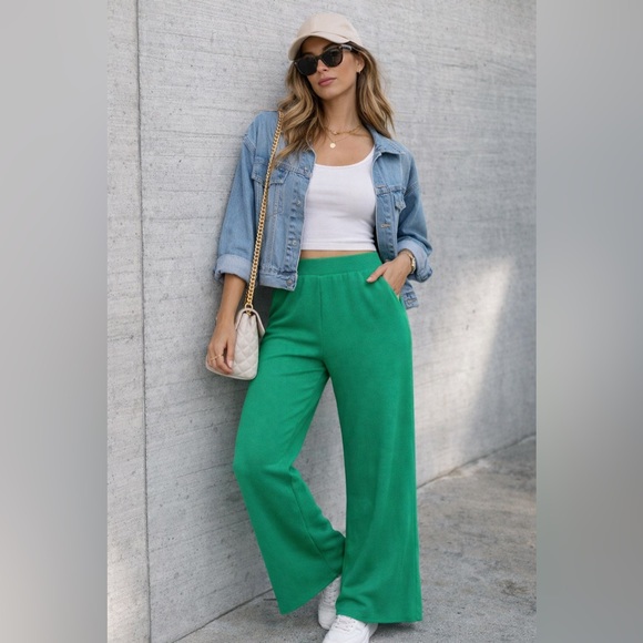 None Pants - RIVR Green High Waisted Wide Leg Pants Stretch Knit Pull On Size S